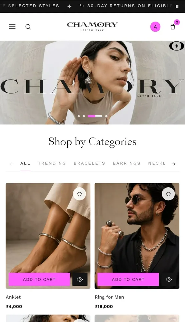 The Chamory online store on a phone, showing the banner and product cards with prices