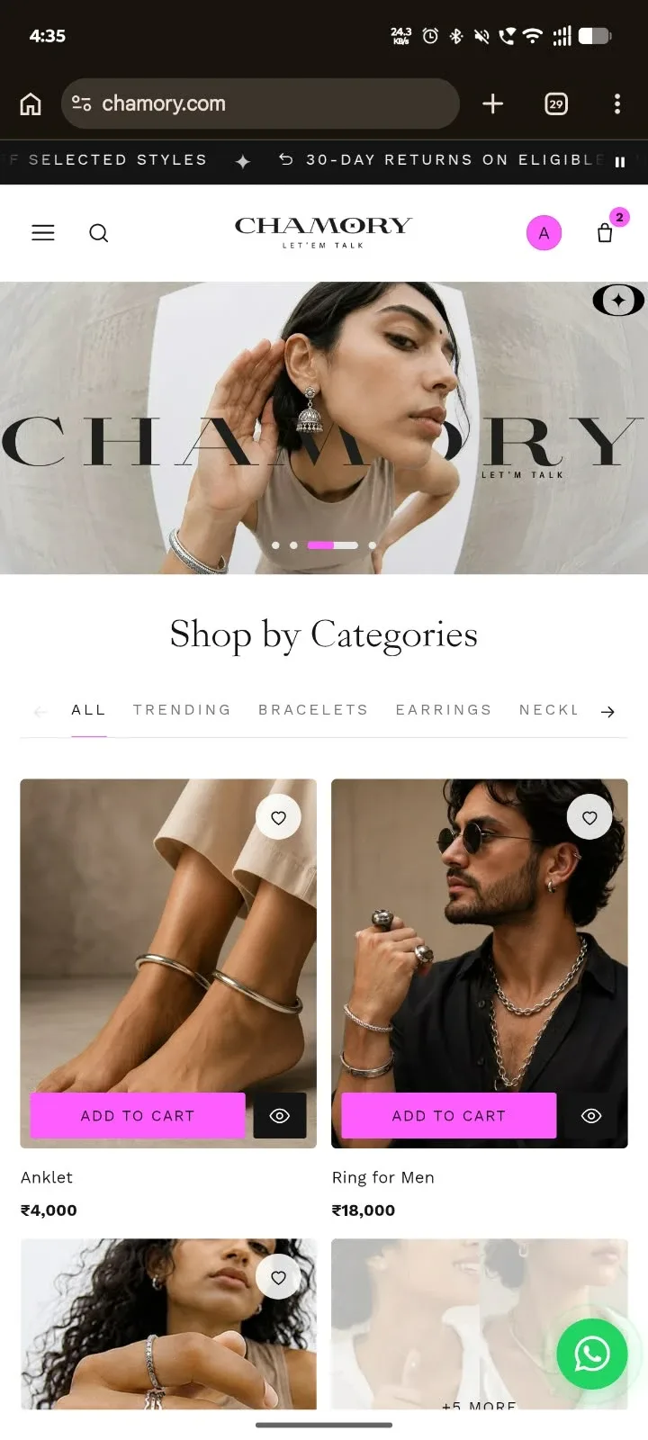The Chamory online store open on a phone, showing the campaign banner, shop categories and product cards with prices
