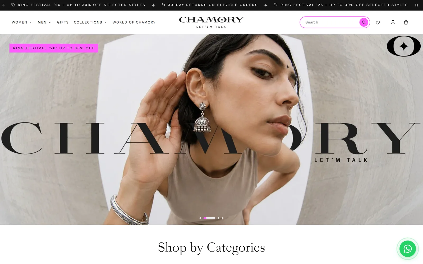 Home page of the Chamory online store on a laptop, with its offer bar, menu and campaign banner